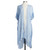A striped light blue and cream Striped Duster . Placed on an ivory and black mannequin.