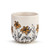 A side view of a cream coffee mug with several simple black and orange flowers stemming from the base.