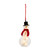 An illuminated blown glass ornament of a clear snowman, filled with a white christmas tree, and wearing a black top hat and a red scarf. With a red string.