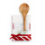 A white tea towel with red pom pom stripes. Tied with a red bow, and filled with a set of recipe cards and a wooden spoon.