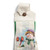 A detail image of a button loop green tea towel and cream fabric overlay with a watercolor snowman image. The button loop and top of the towel is cream with a brown button shown with the loop unbuttoned and offset.