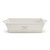 A white stoneware loaf pan with handles on the ends. The side of the pan says "gather 'round toasty warm".