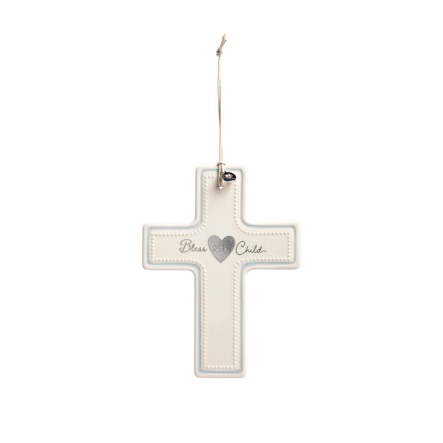 A cream ceramic hanging cross with a blue accent and says Bless this Child with a silver token at the top.