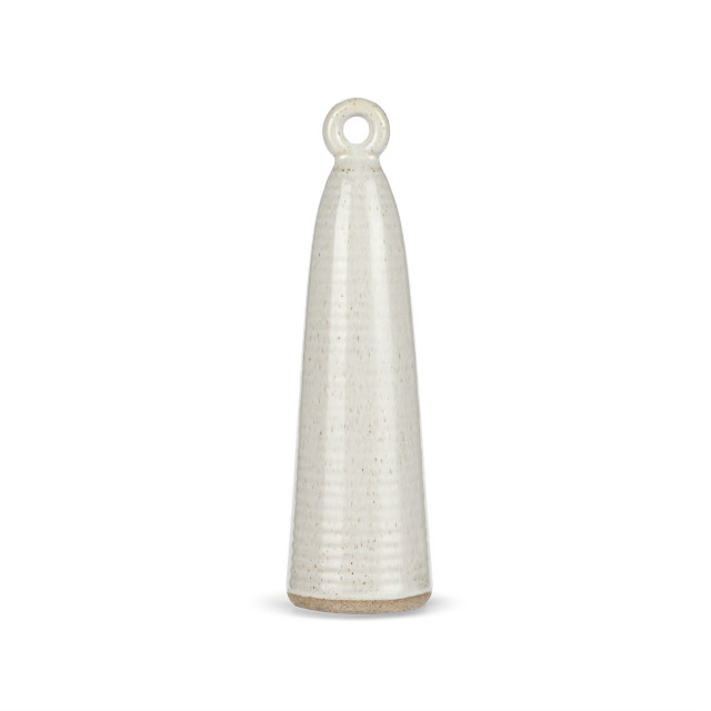 A 7.5 inch tall white ceramic cone figure with a small hole at the top and a textured tan base.