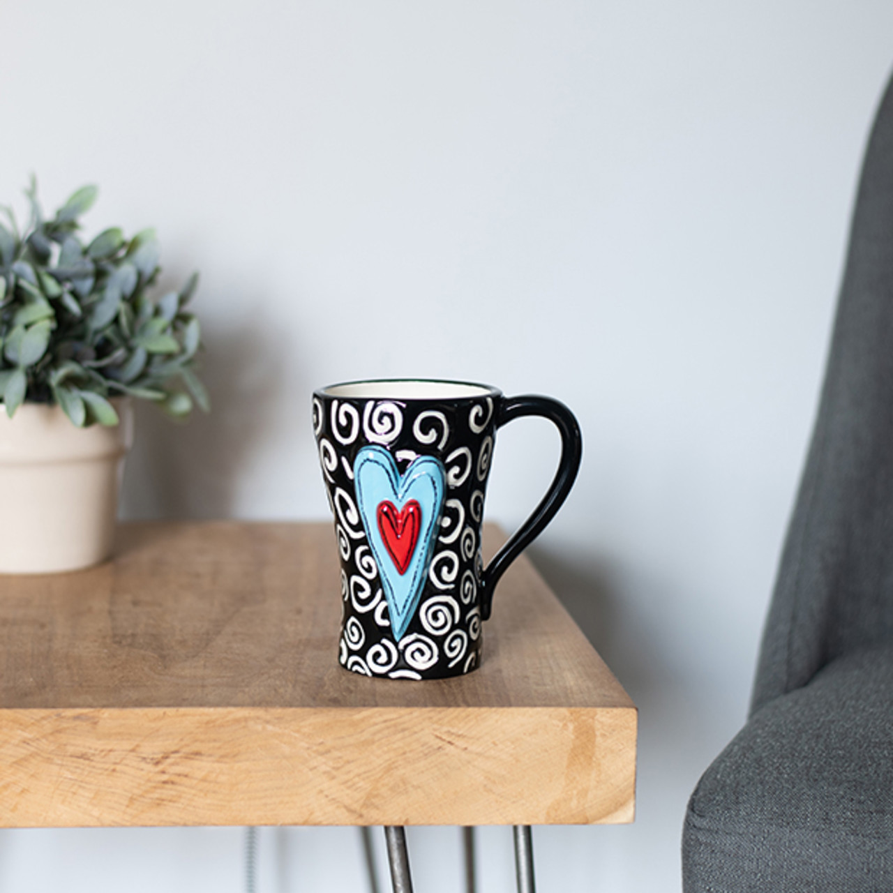 Tracy Pesche Stoneware White Swirls and Heart Mug 15oz thumbnail