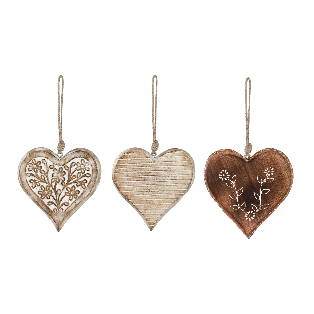 Cozy Time White-Washed Wood Heart Ornaments Set of 3 6" x 6" thumbnail