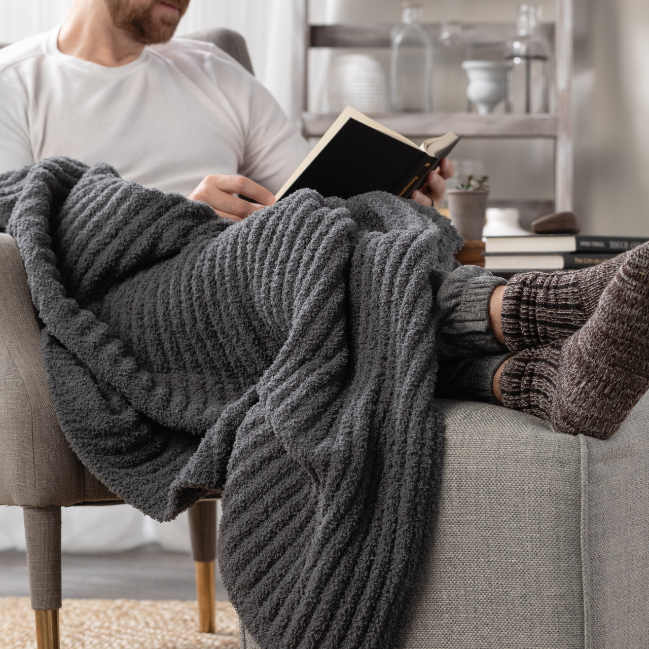 Giving Collection Gray Ribbed Throw Blanket 52" x 62" thumbnail