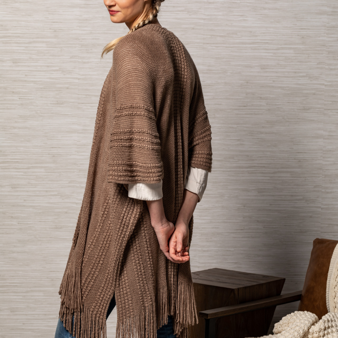 Taupe Textured Soft Knit Short Sleeve Duster 52" x 38" thumbnail