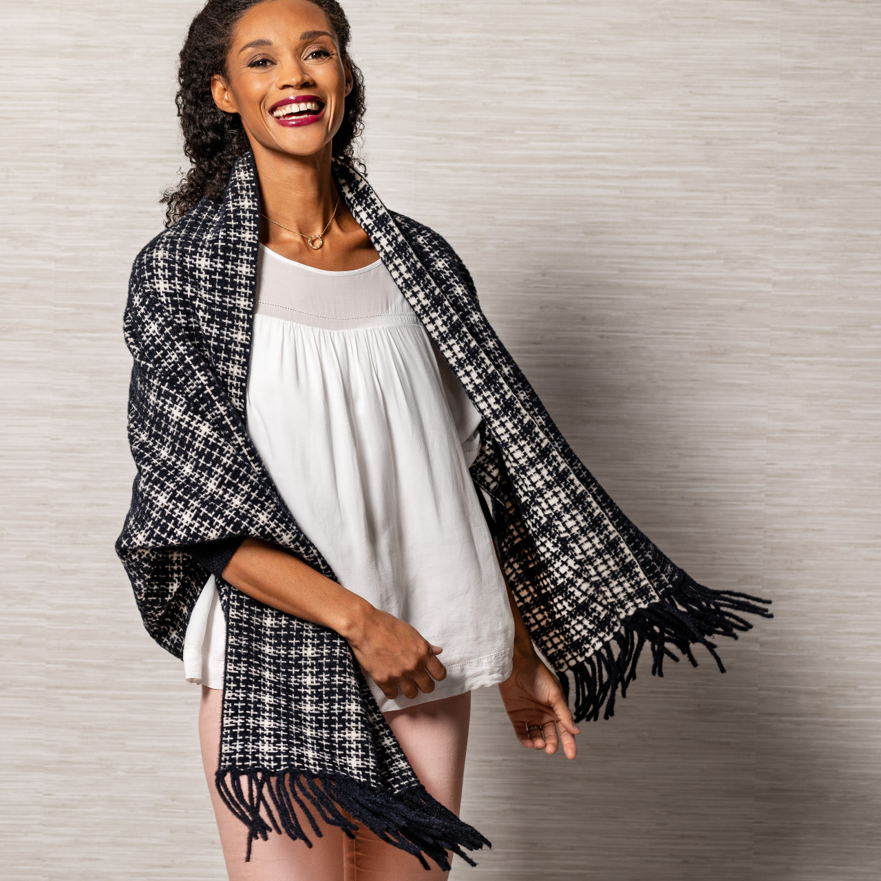 Black & White Tweed Shawl with Sleeves thumbnail