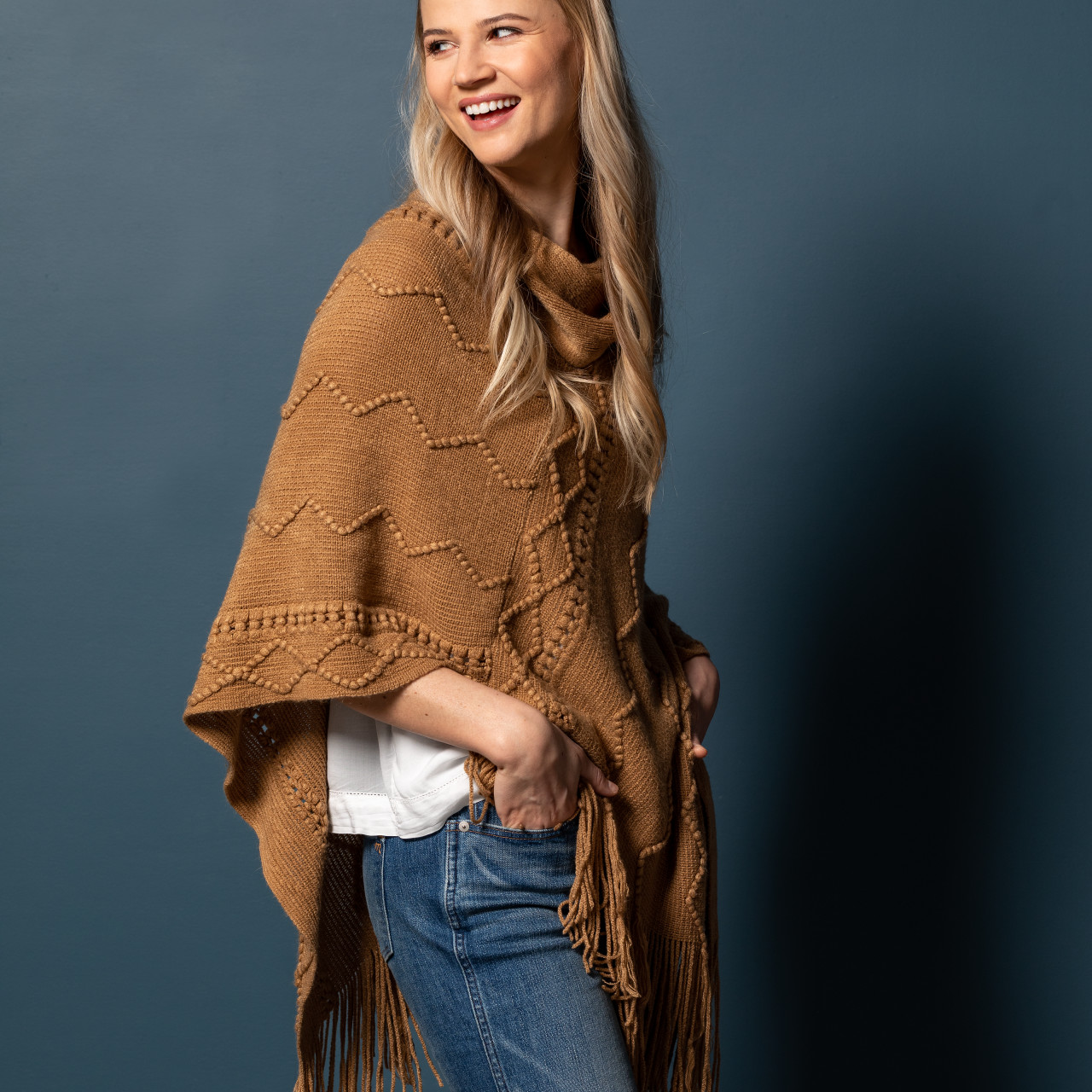 Camel Textured Cowl Neck Poncho thumbnail