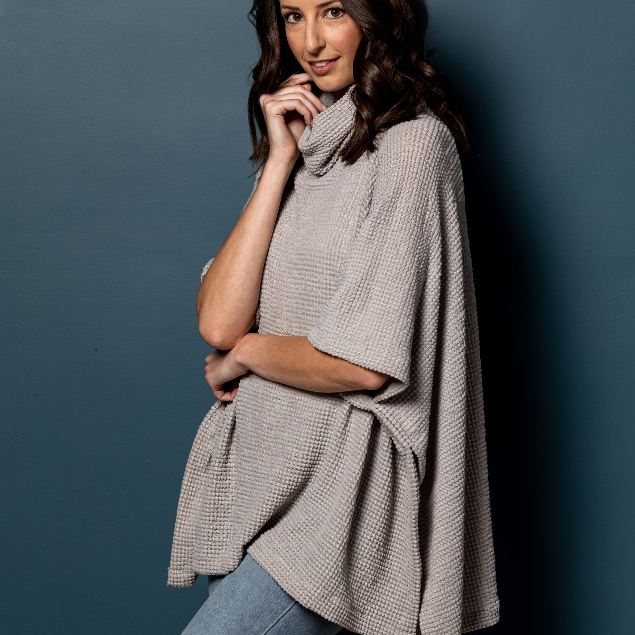 Waffle Knit Poncho - Gray thumbnail