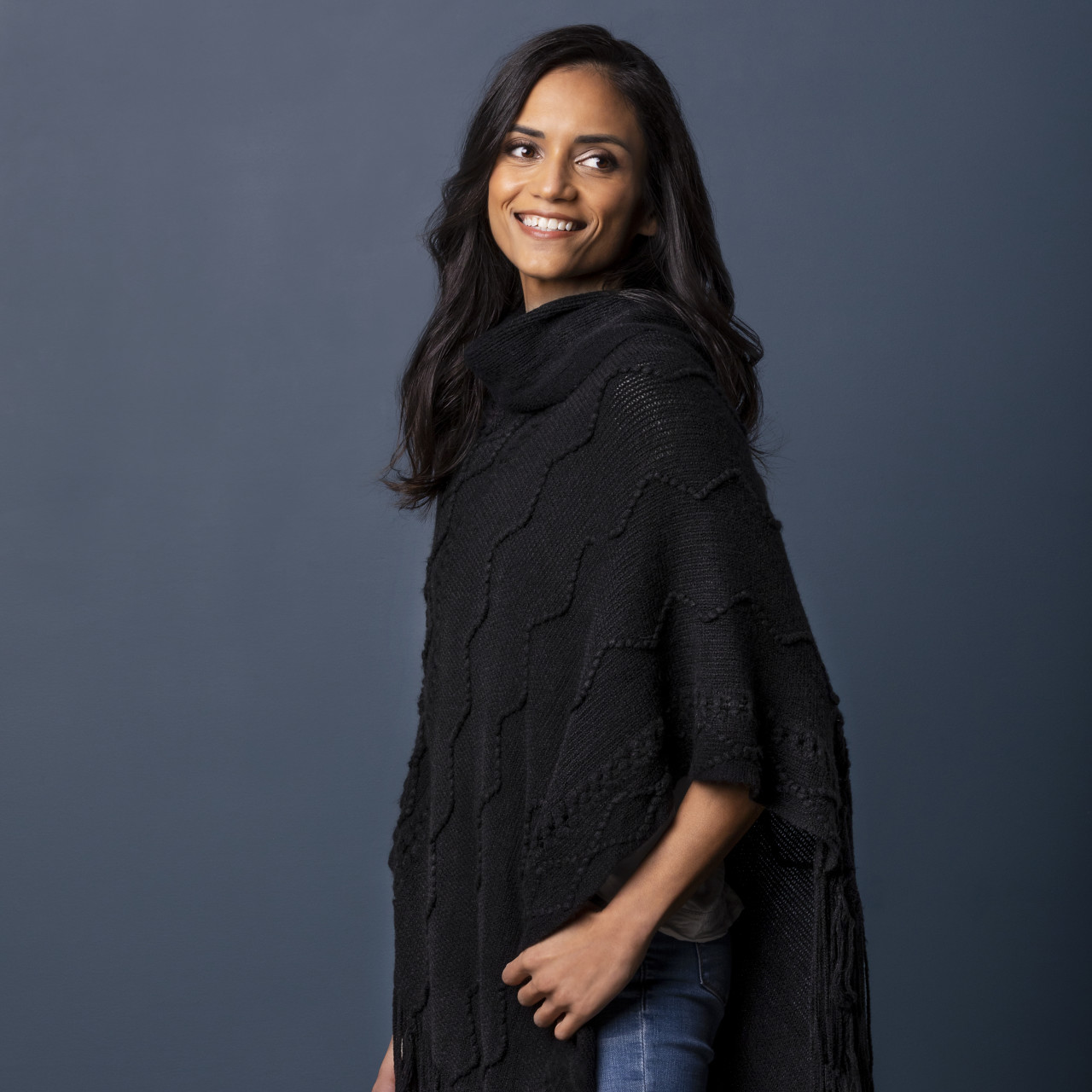 Textured Cowl Neck Poncho - Black thumbnail