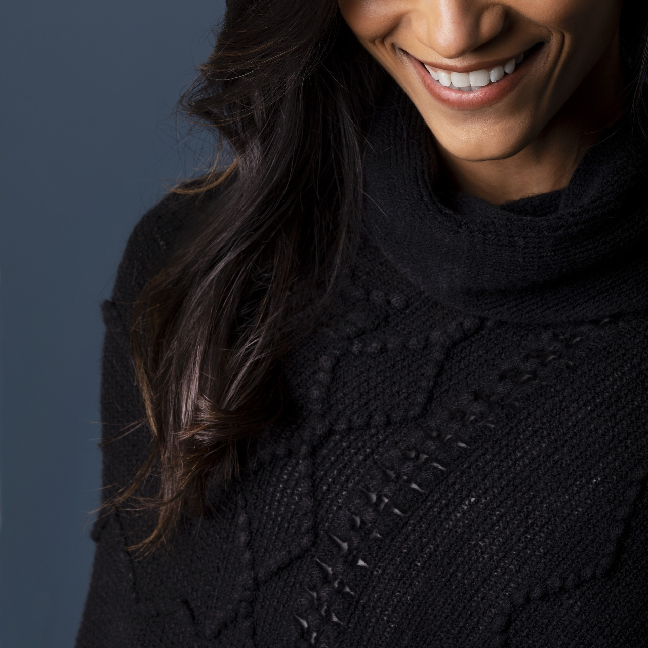 Textured Cowl Neck Poncho - Black thumbnail