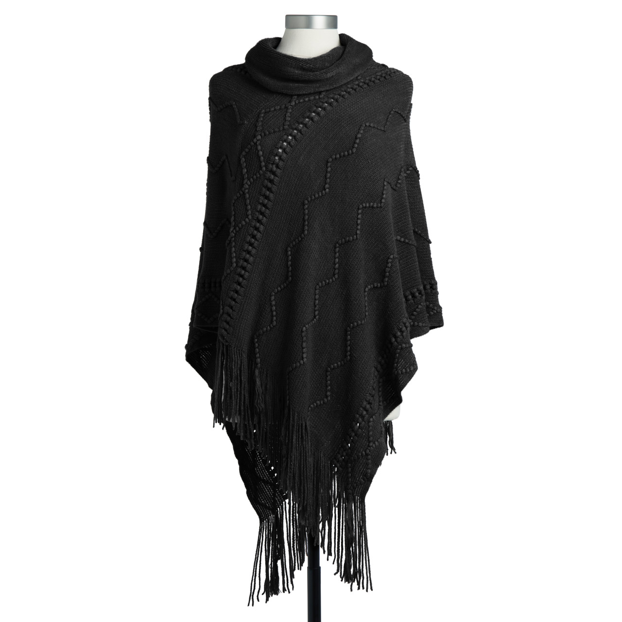 Textured Cowl Neck Poncho - Black thumbnail