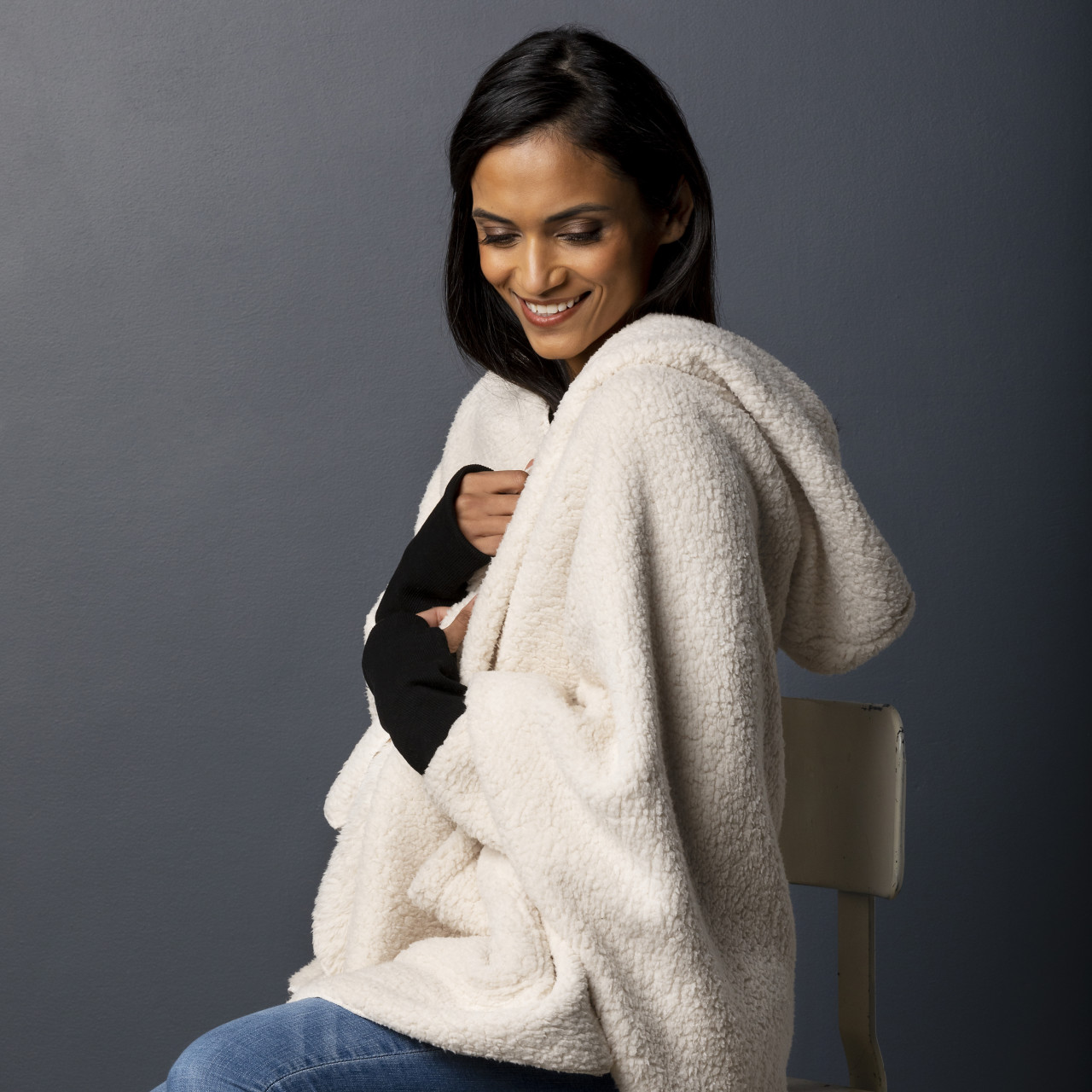 Comfort Collection Cream Sherpa Hooded Wrap With Cuffs 76" x 30" thumbnail