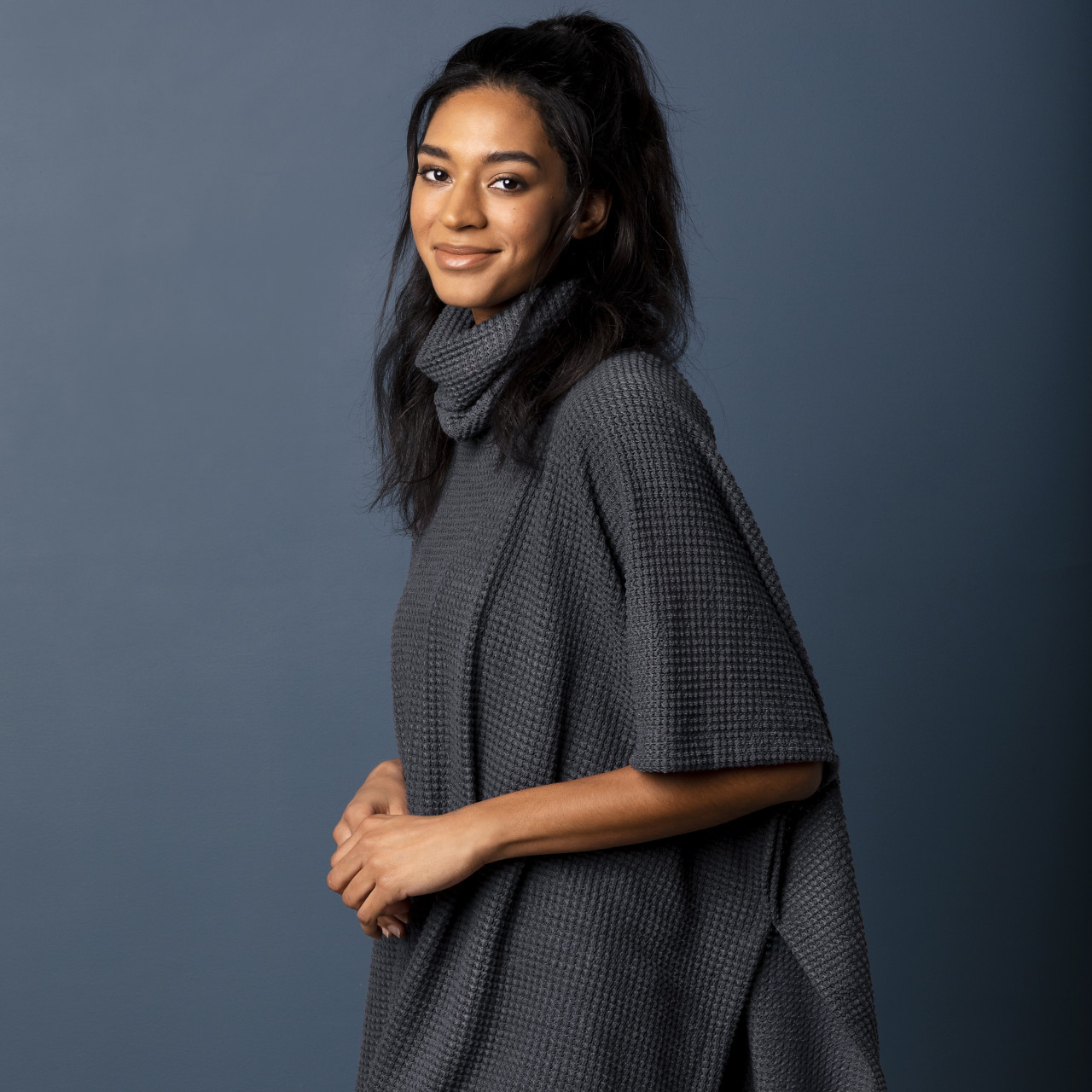 Waffle Knit Poncho - Charcoal thumbnail
