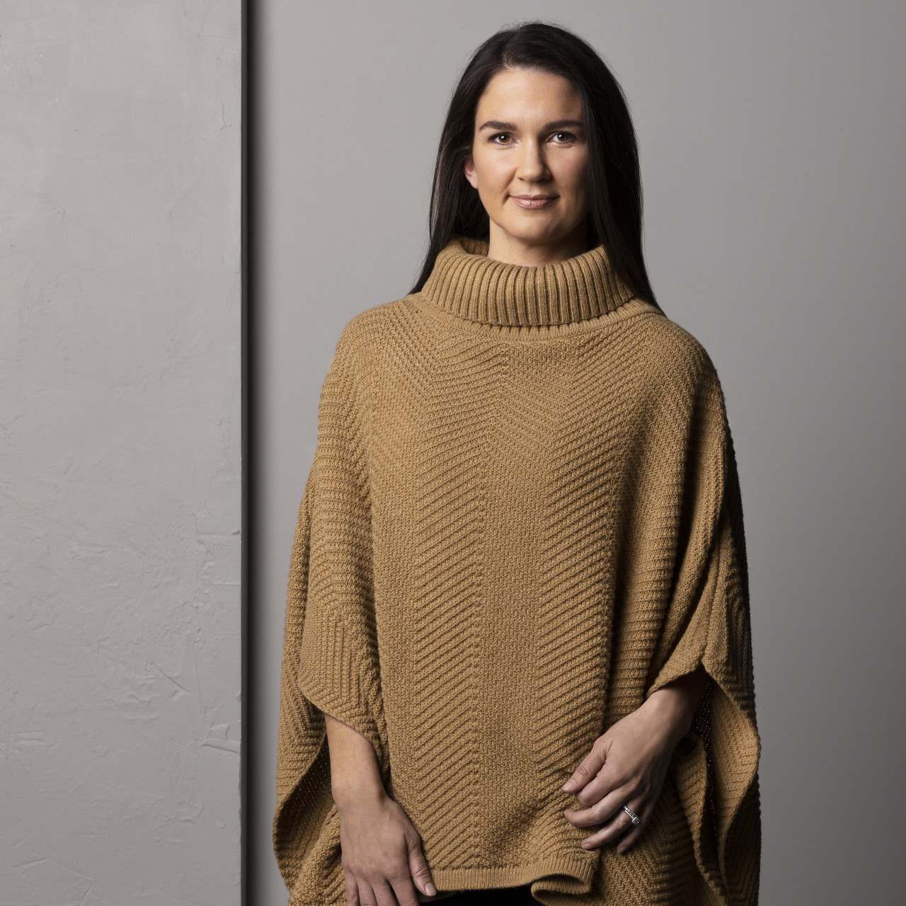 ZigZag Texture Cowl Neck Poncho - Camel thumbnail