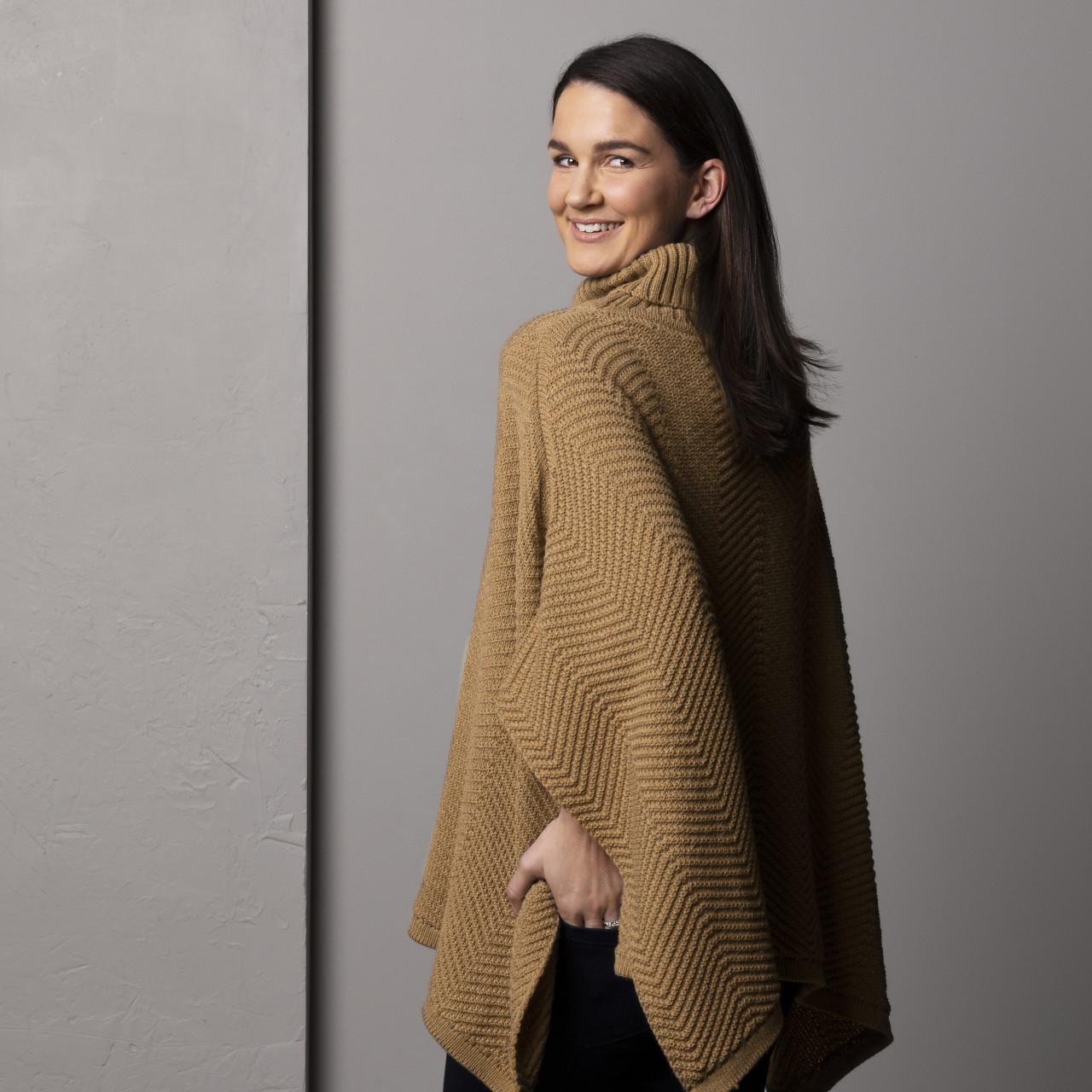 ZigZag Texture Cowl Neck Poncho - Camel thumbnail