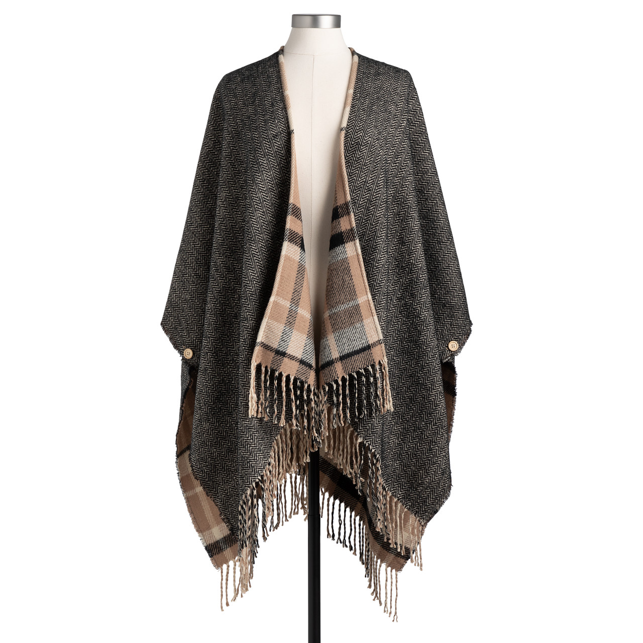 Reversible Plaid Kimono - Camel and Black thumbnail