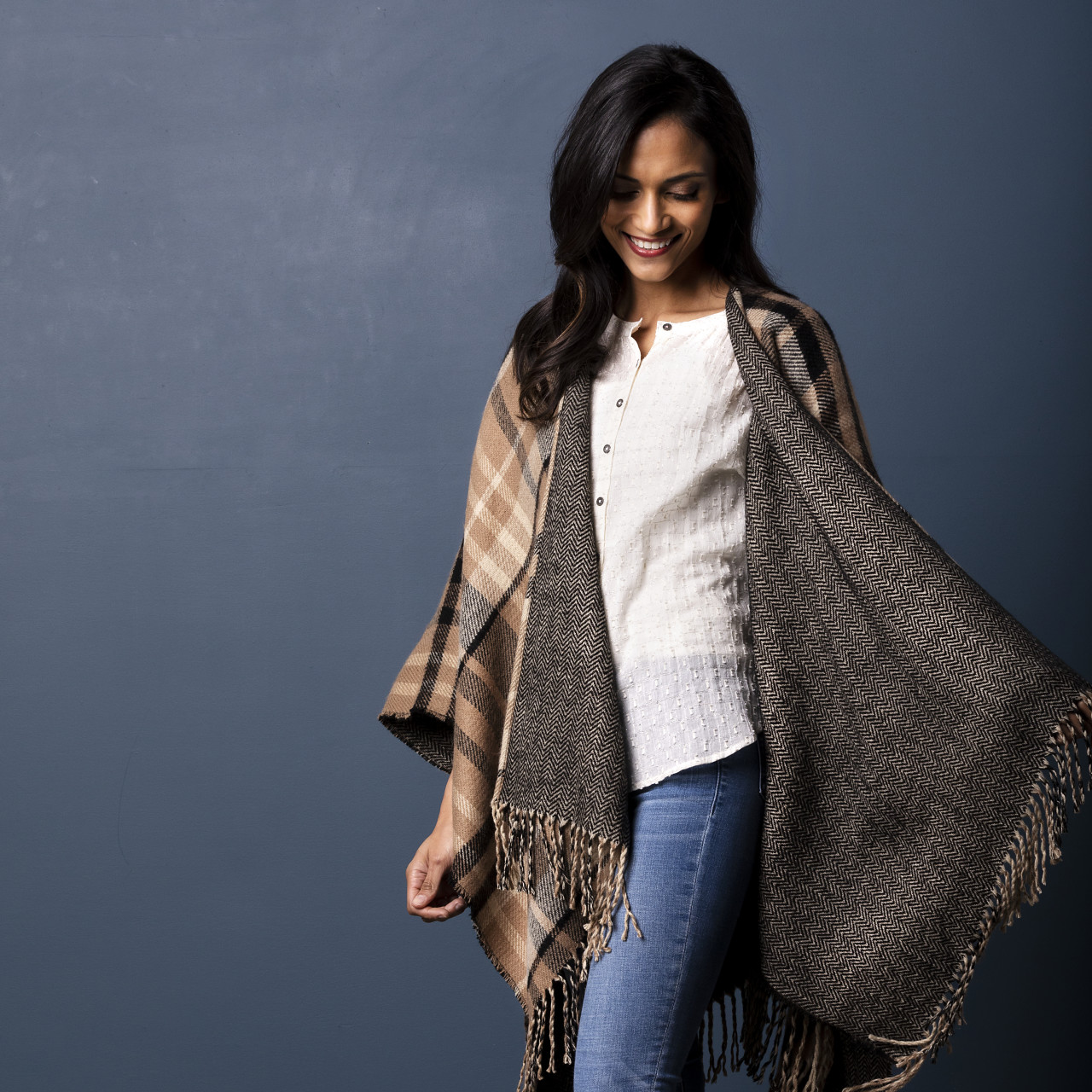 Reversible Plaid Kimono - Camel and Black thumbnail