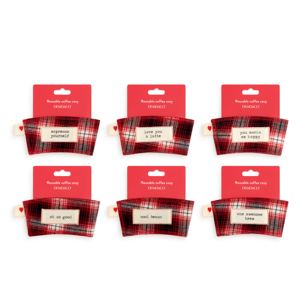 Warm Heart Plaid Coffee Cozies - 6 Assorted thumbnail