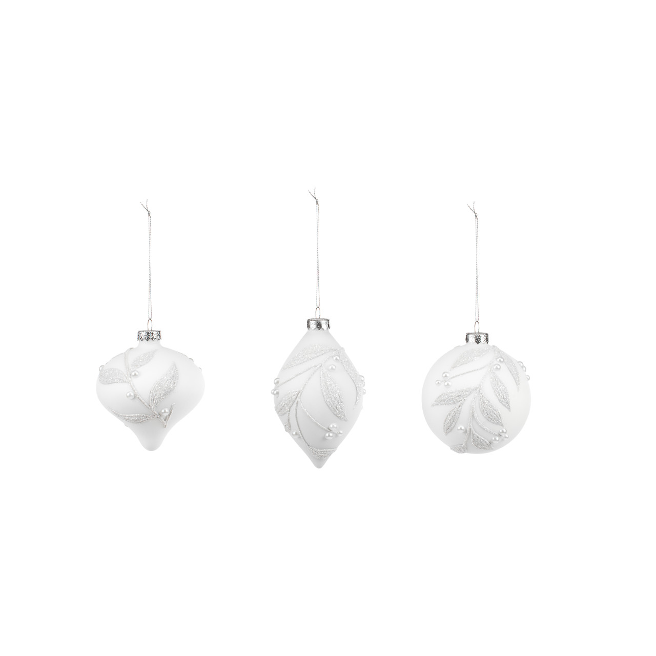 White Ornaments with Beaded Leaves - 3 Assorted thumbnail