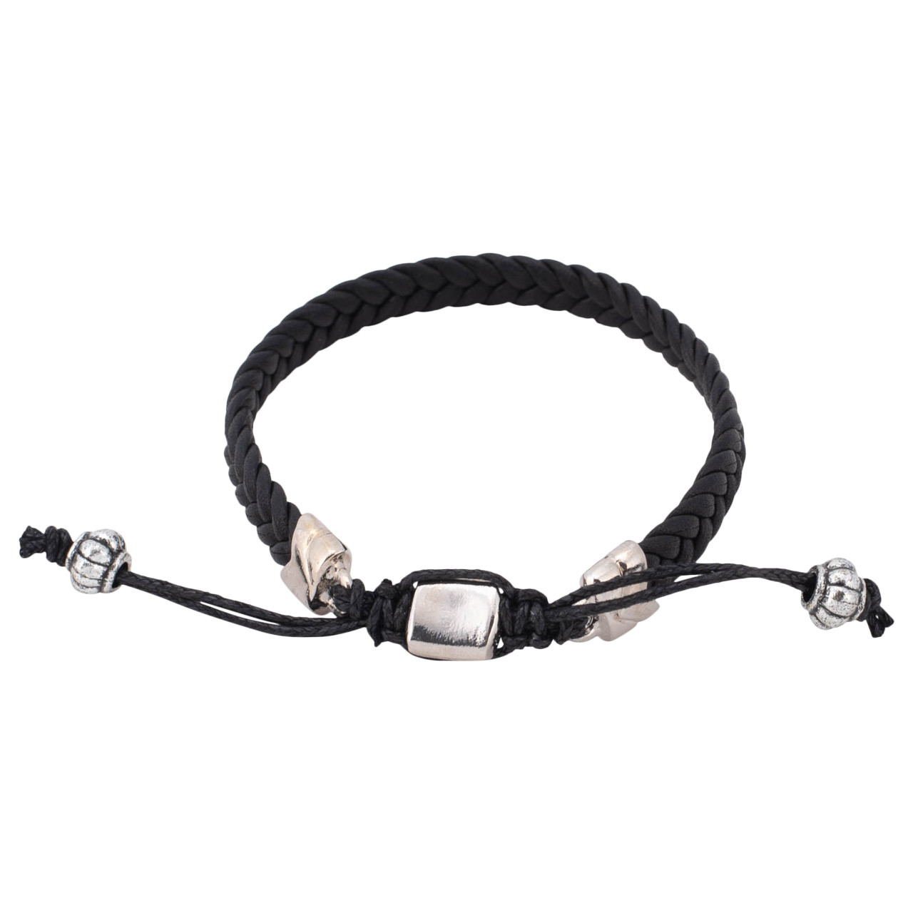 Men's Black Metal and Woven Leather Adjustable Bracelet thumbnail