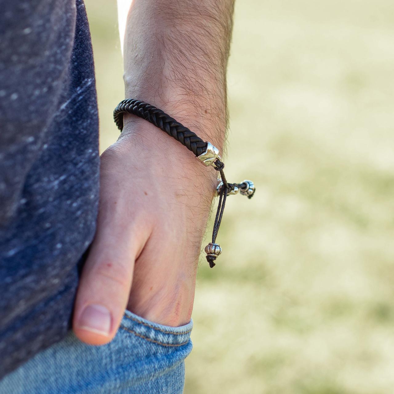 Men's Black Metal and Woven Leather Adjustable Bracelet thumbnail