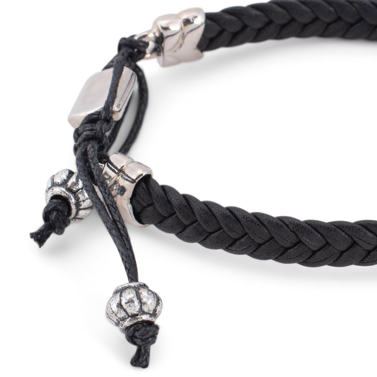 Men's Black Metal and Woven Leather Adjustable Bracelet thumbnail