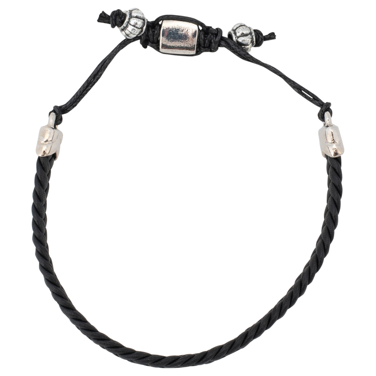 Men's Black Metal and Woven Leather Adjustable Bracelet thumbnail