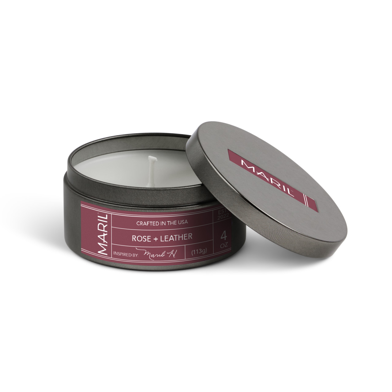 Rose + Leather 4 oz. Travel Candle - MARIL thumbnail