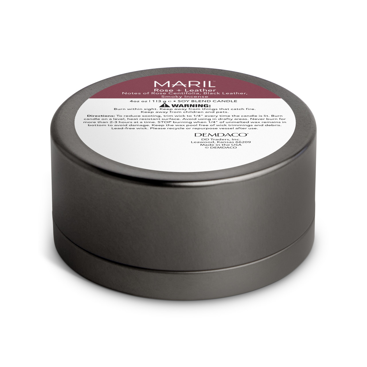 Rose + Leather 4 oz. Travel Candle - MARIL thumbnail