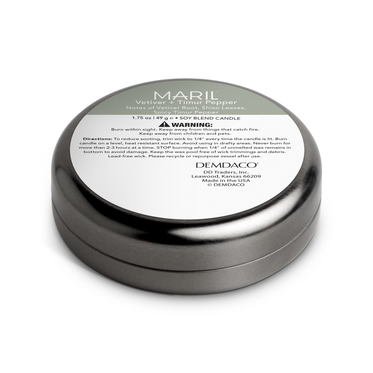 Vetiver + Timur Pepper 1.75 oz. Demi Travel Candle - MARIL thumbnail