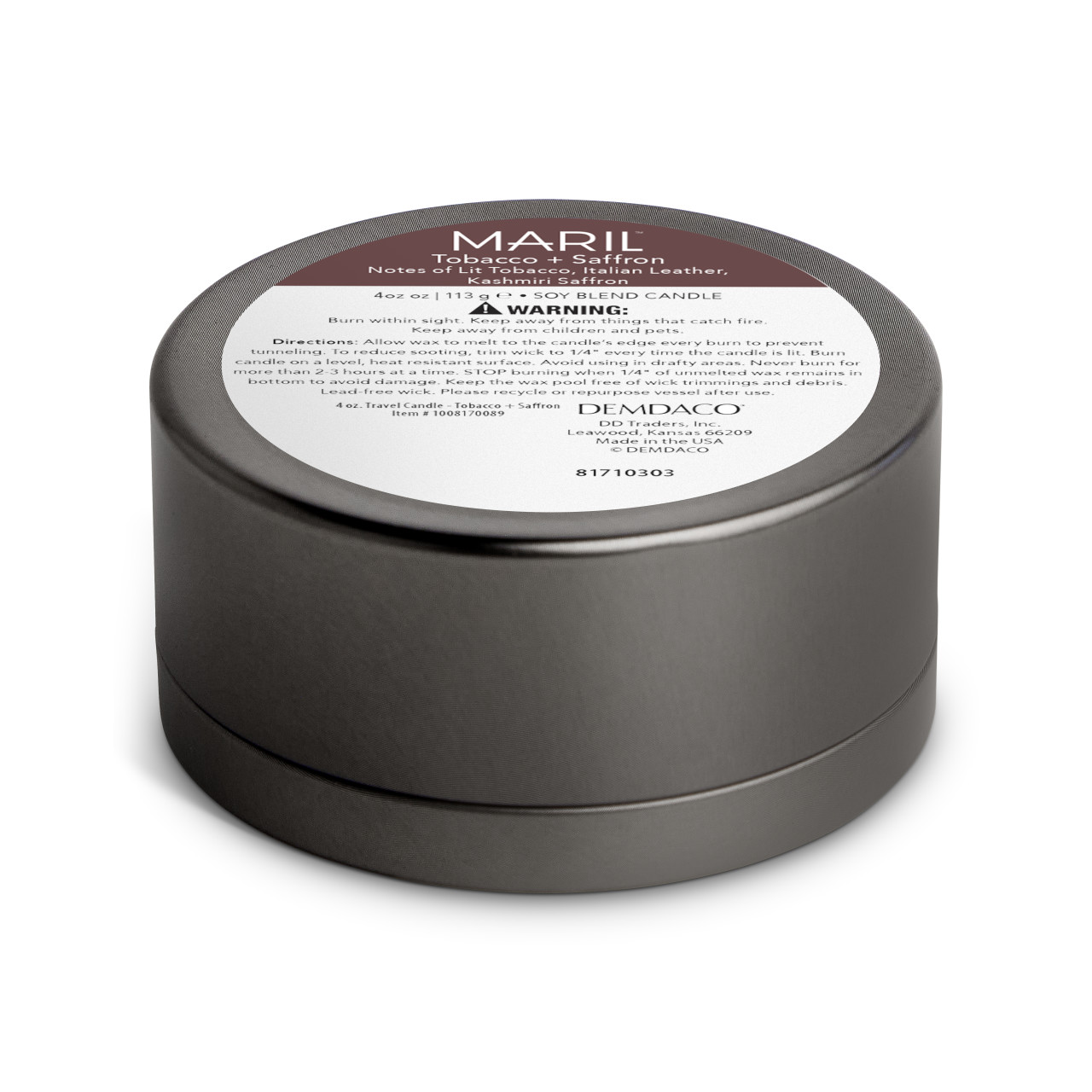 Tobacco + Saffron 4 oz. Travel Candle - MARIL thumbnail