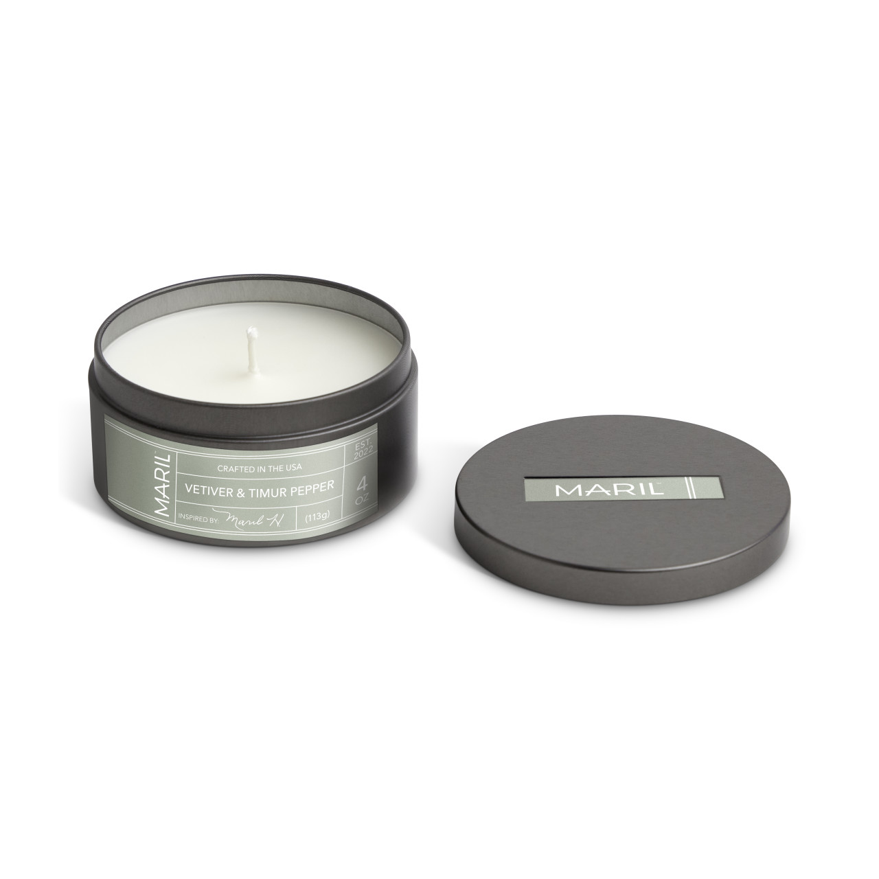Vetiver + Timur Pepper 4 oz. Travel Candle - MARIL thumbnail