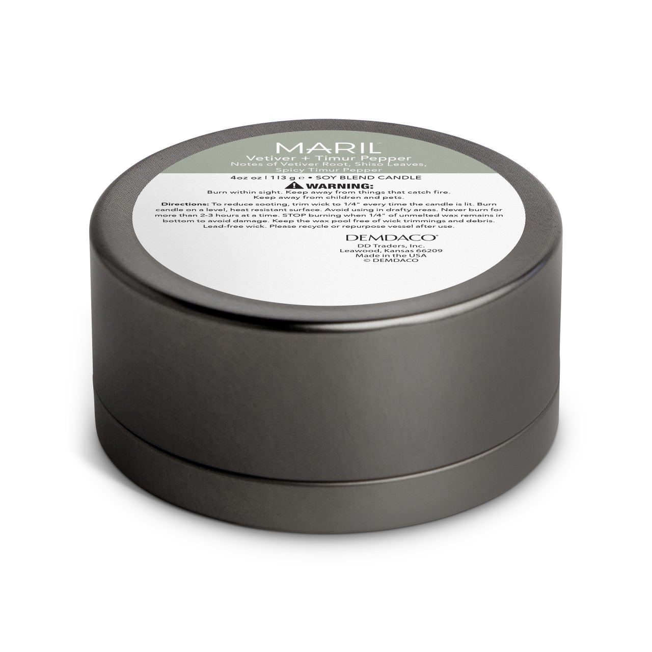 Vetiver + Timur Pepper 4 oz. Travel Candle - MARIL thumbnail