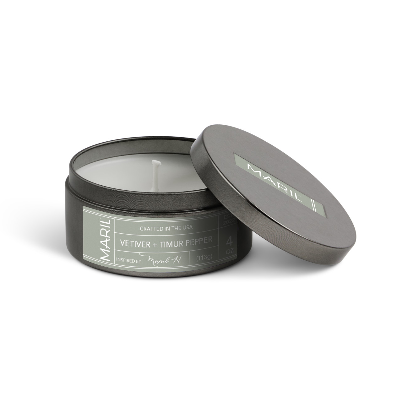 Vetiver + Timur Pepper 4 oz. Travel Candle - MARIL thumbnail