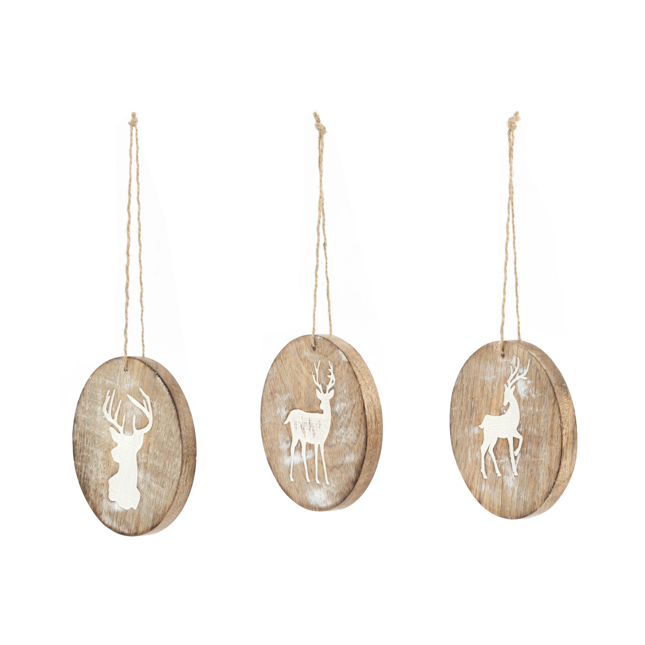 Round Whitewashed Wood Reindeer Ornaments - 3 Assorted thumbnail