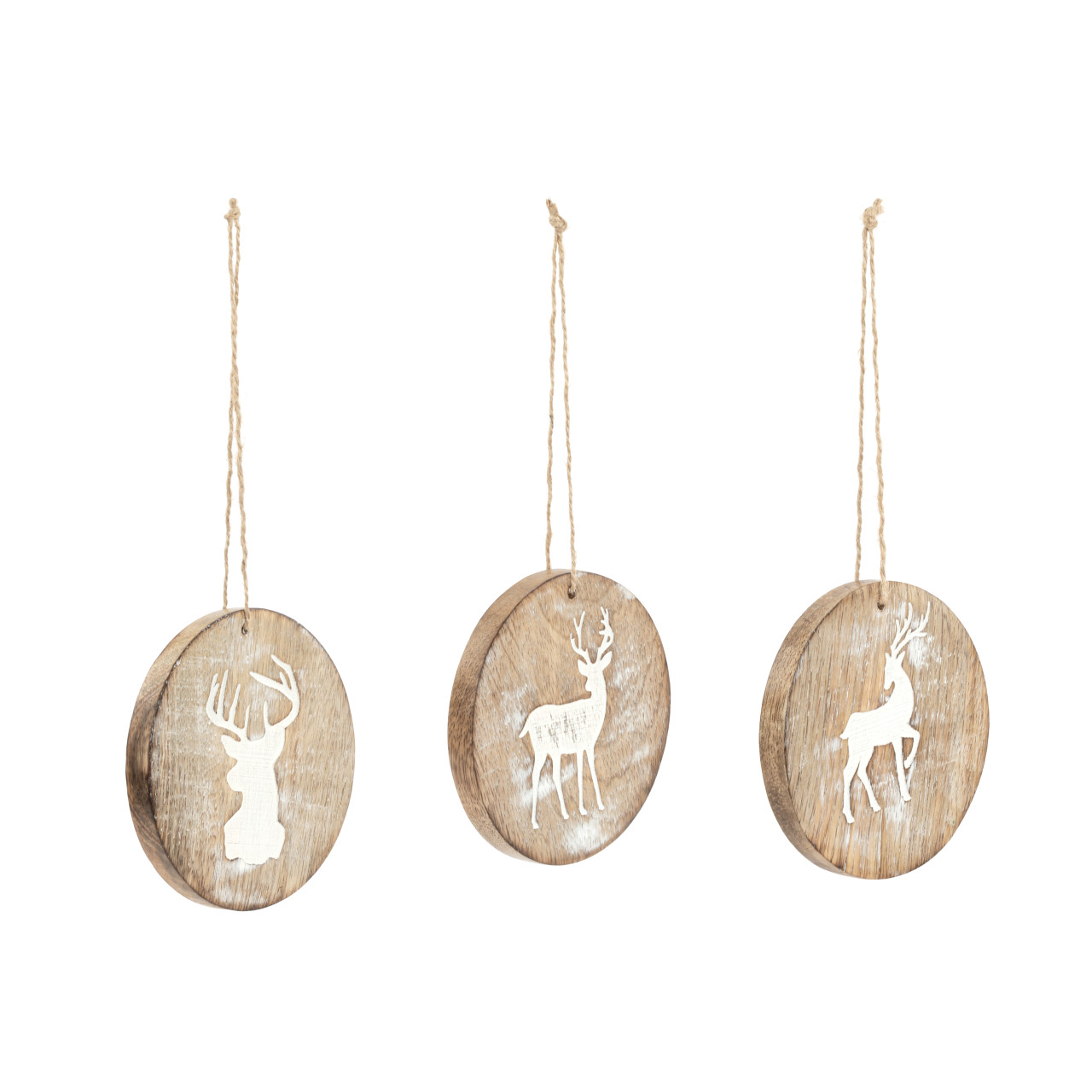 Round Whitewashed Wood Reindeer Ornaments - 3 Assorted thumbnail