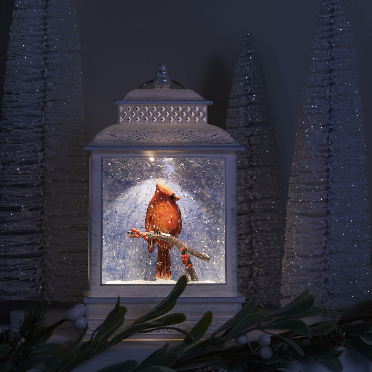 Lit Cardinal and Holly Lantern thumbnail