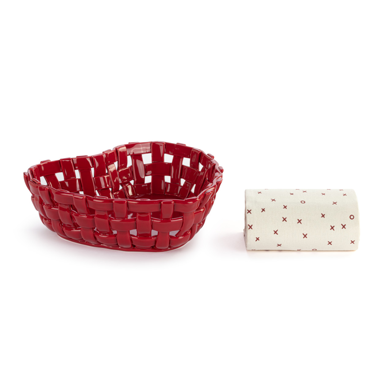 Gather 'Round Ceramic Red Heart Bread Basket With Towel thumbnail