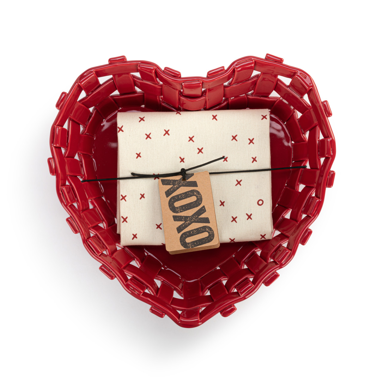 Gather 'Round Ceramic Red Heart Bread Basket With Towel thumbnail