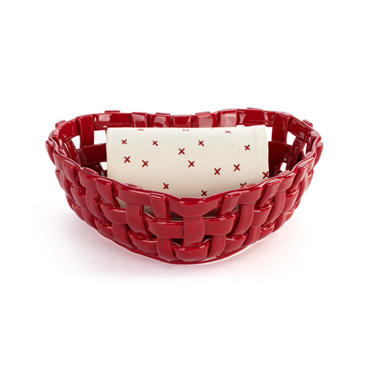 Gather 'Round Ceramic Red Heart Bread Basket With Towel thumbnail
