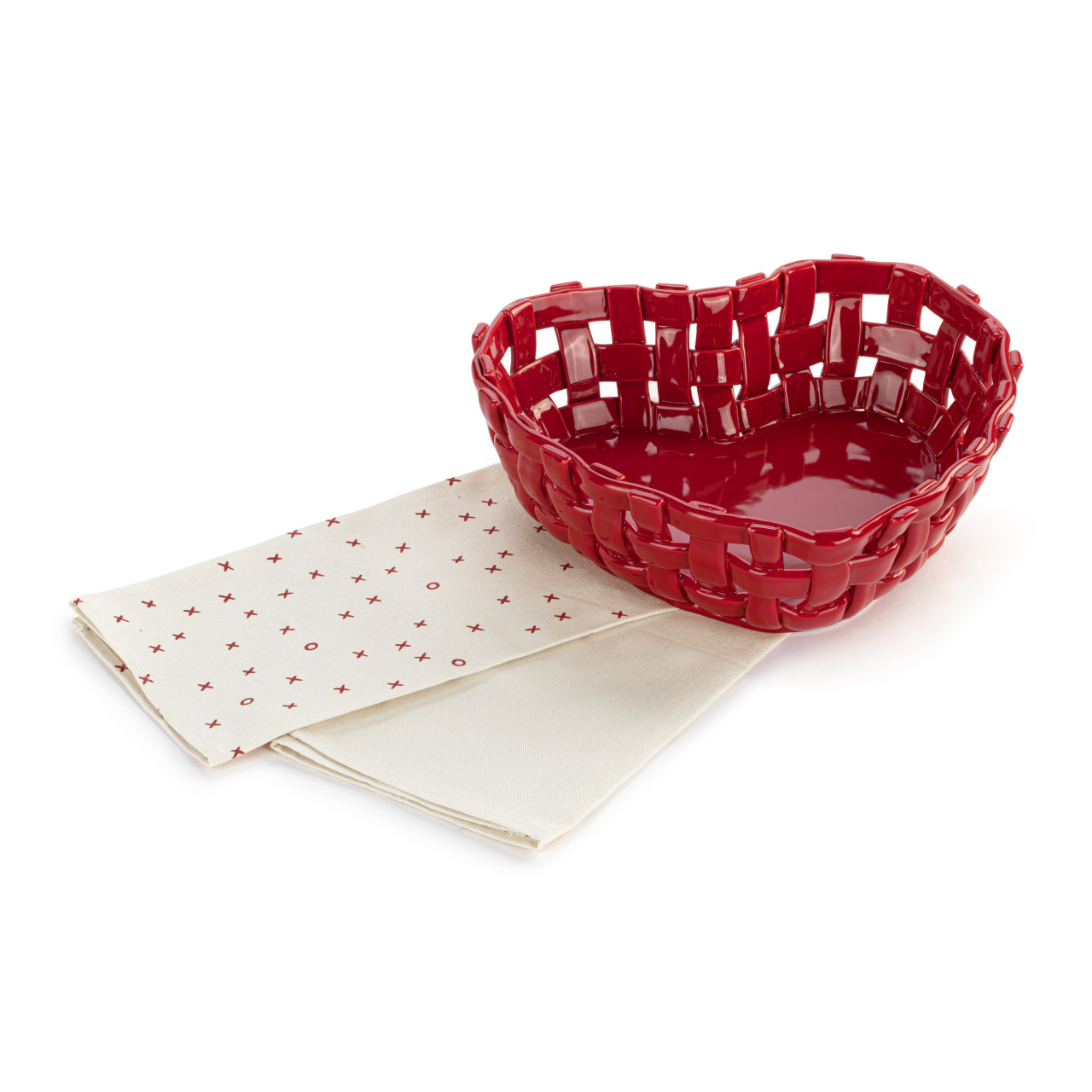 Gather 'Round Ceramic Red Heart Bread Basket With Towel thumbnail