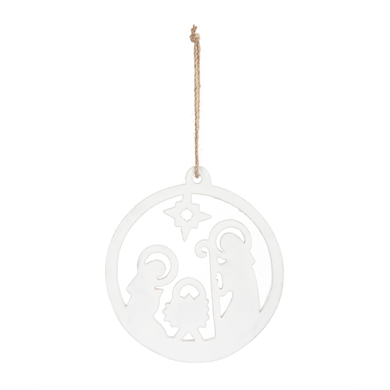 White Enamel Wood Nativity Round Ornament thumbnail