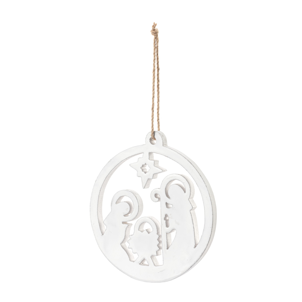 White Enamel Wood Nativity Round Ornament thumbnail