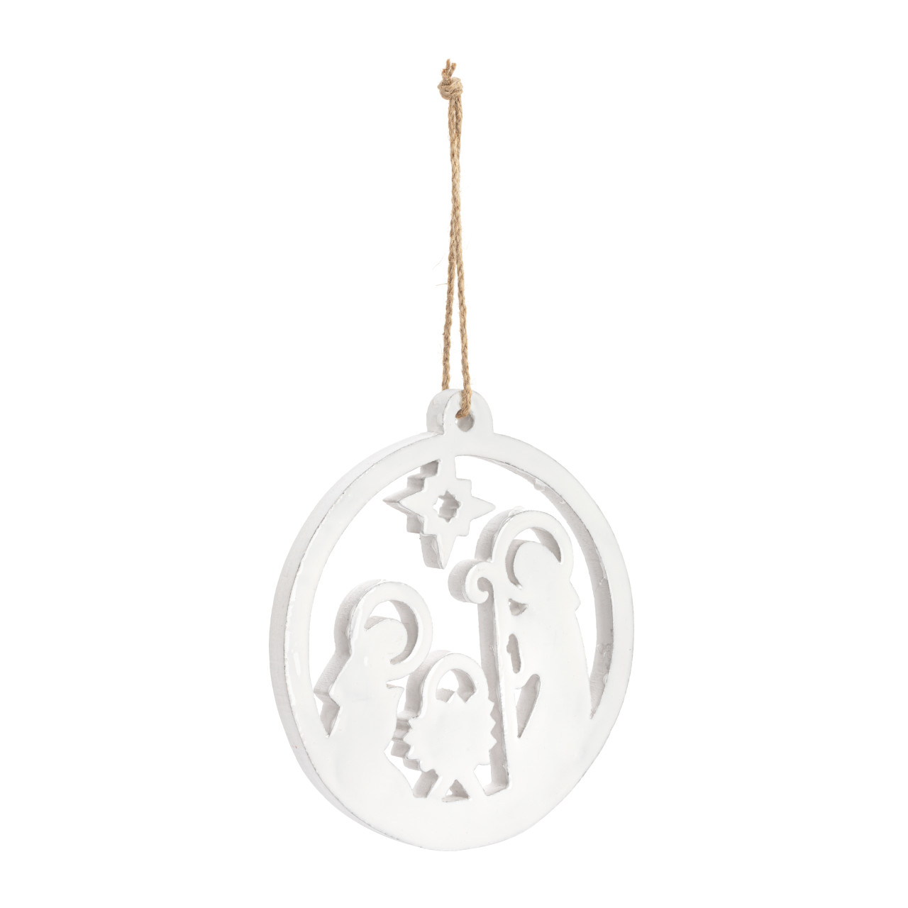 White Enamel Wood Nativity Round Ornament thumbnail