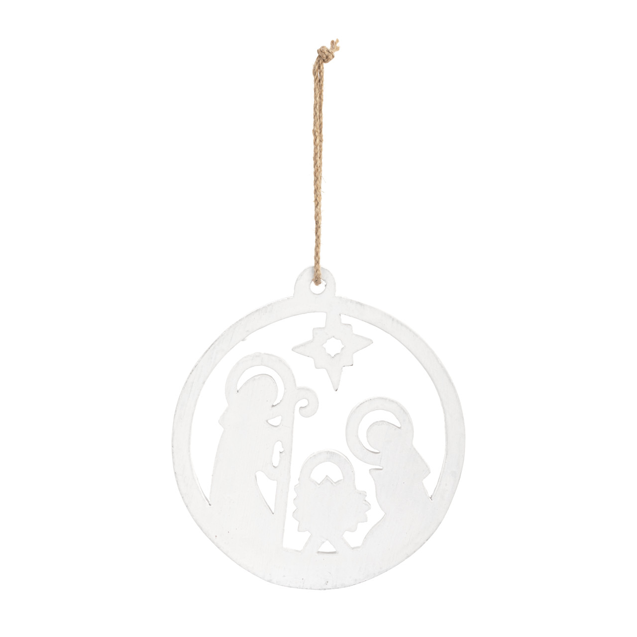 White Enamel Wood Nativity Round Ornament thumbnail