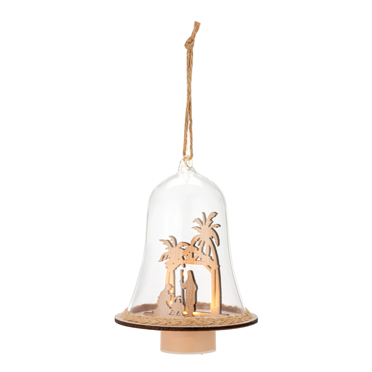 Lit Wood Nativity Cloche Ornament thumbnail