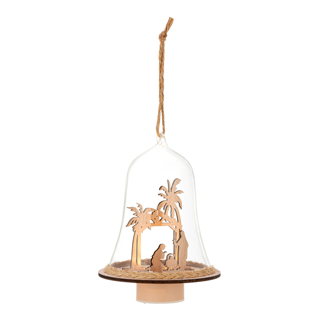 Lit Wood Nativity Cloche Ornament thumbnail